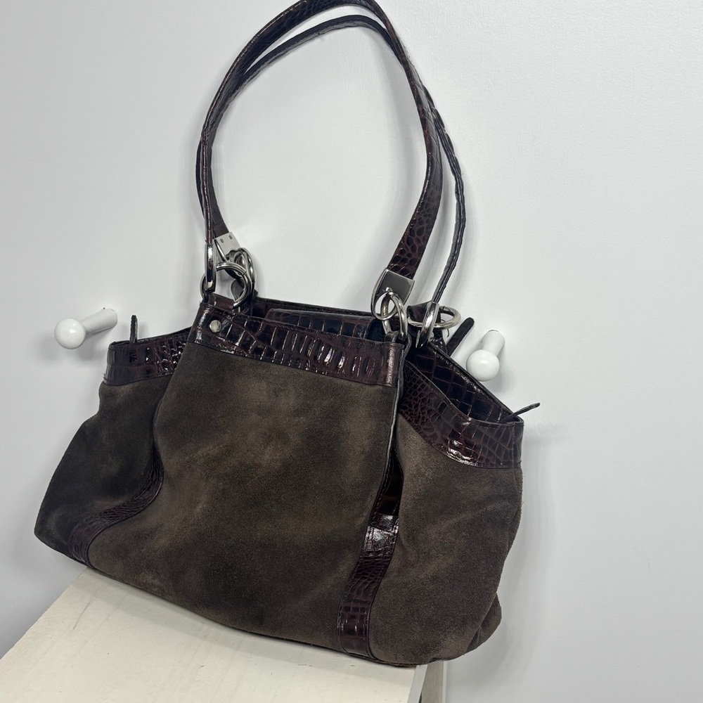 Laura Ashley Vintage Woven Shoulder Bag Magnetic Closure Brown Suede Leather